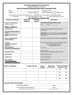 Frenship ISD Absence From Duty Report