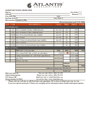 Elementary School Book Order Form