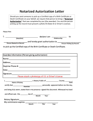 Notarized Authorization Letter for Birth or Death Certificate