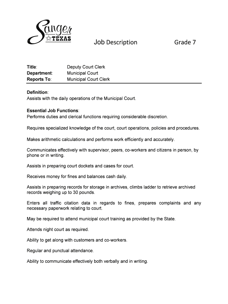 Fillable Online Job Description Grade 7 Sanger Texas Fax Email Print