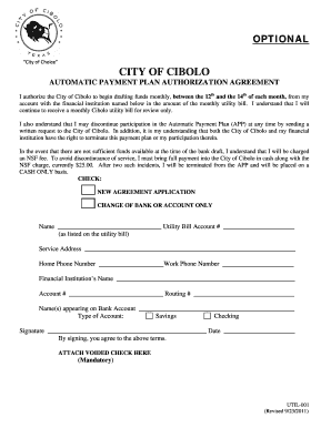 City of Cibolo Automatic Payment Plan Authorization Agreement