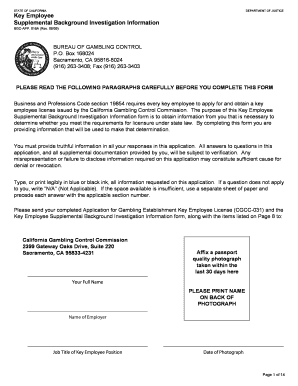 California Key Employee Supplemental Background Investigation Form