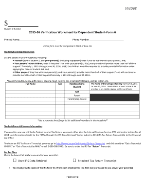 2015-16 Verification Worksheet for Dependent Student