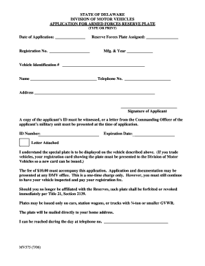 Delaware Armed Forces Reserve Plate Application