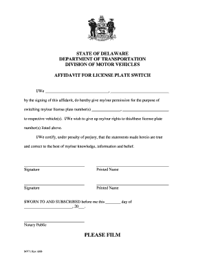 Affidavit for License Plate Switch