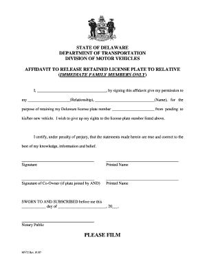 Affidavit to Release Retained License Plate to Relative