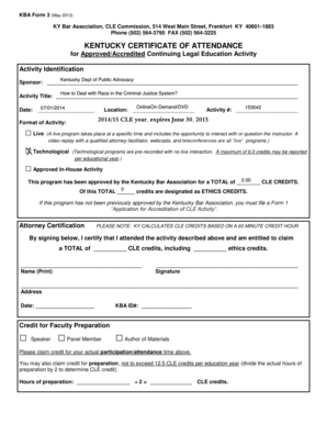 Kentucky Certificate of Attendance for CLE Activity