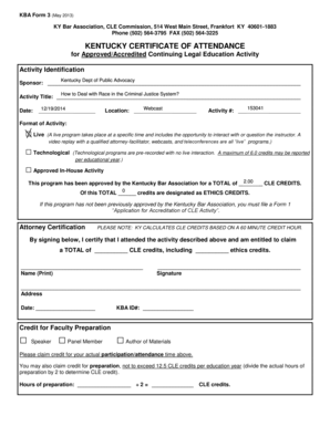 Kentucky Certificate of Attendance for CLE Activity