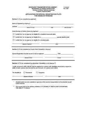 Kentucky Disabled Person Special Registration Plate Application