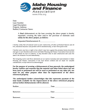 Idaho Housing Finance Association Final Disbursement Request