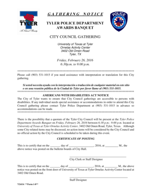 Private placement memorandum checklist - G A T H E R I N G N O T I C E TYLER POLICE DEPARTMENT - cityoftyler