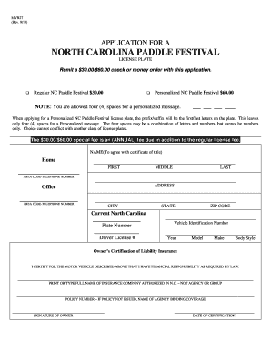 North Carolina Paddle Festival License Plate Application