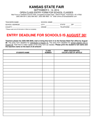 Kansas State Fair School Class Entry Form