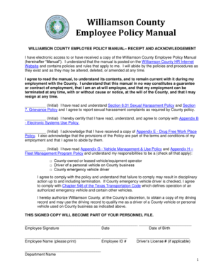 WILLIAMSON COUNTY EMPLOYEE POLICY MANUAL RECEIPT AND ACKNOWLEDGEMENT - wilco