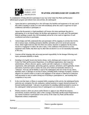 Cedar City Parks and Recreation Liability Waiver