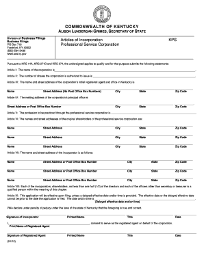 Kentucky Professional Service Corporation Articles of Incorporation