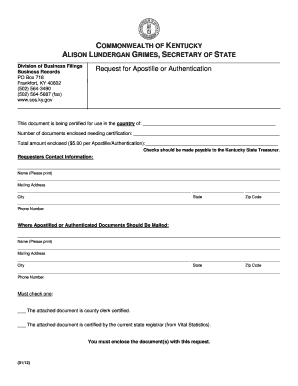 Kentucky Apostille or Authentication Request Form