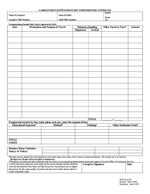 Caregiver Supplementary Expenditure Affidavit
