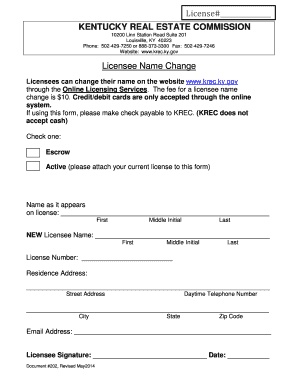 Kentucky Real Estate Licensee Name Change Form