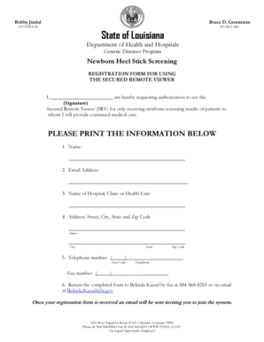 Louisiana Newborn Heel Stick Screening Registration Form