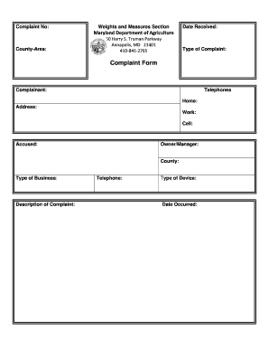 Maryland Weights and Measures Complaint Form