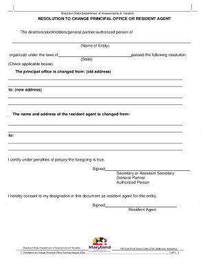Maryland Principal Office or Resident Agent Change Resolution