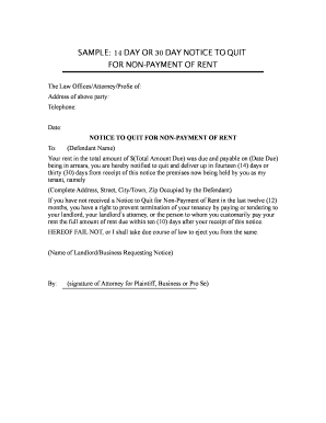 14 or 30 Day Notice to Quit for Non-Payment of Rent