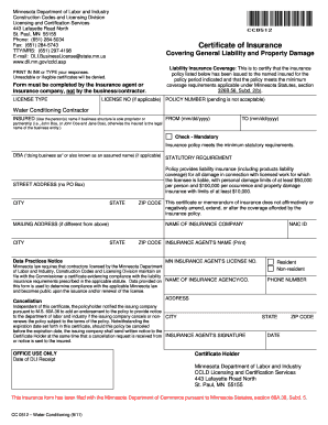 Minnesota Certificate of Insurance for Water Conditioning Contractors