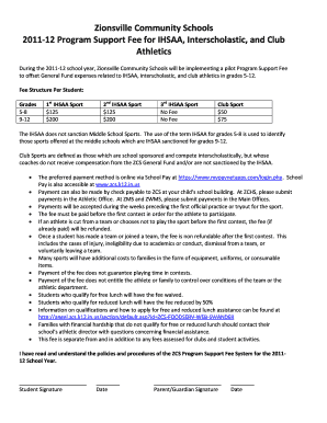 Zionsville Program Support Fee Form