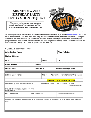 Minnesota Zoo Birthday Party Reservation Request