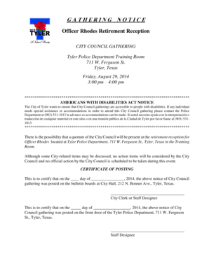 In case of emergency form - G A T H E R I N G N O T I C E Officer Rhodes Retirement - cityoftyler