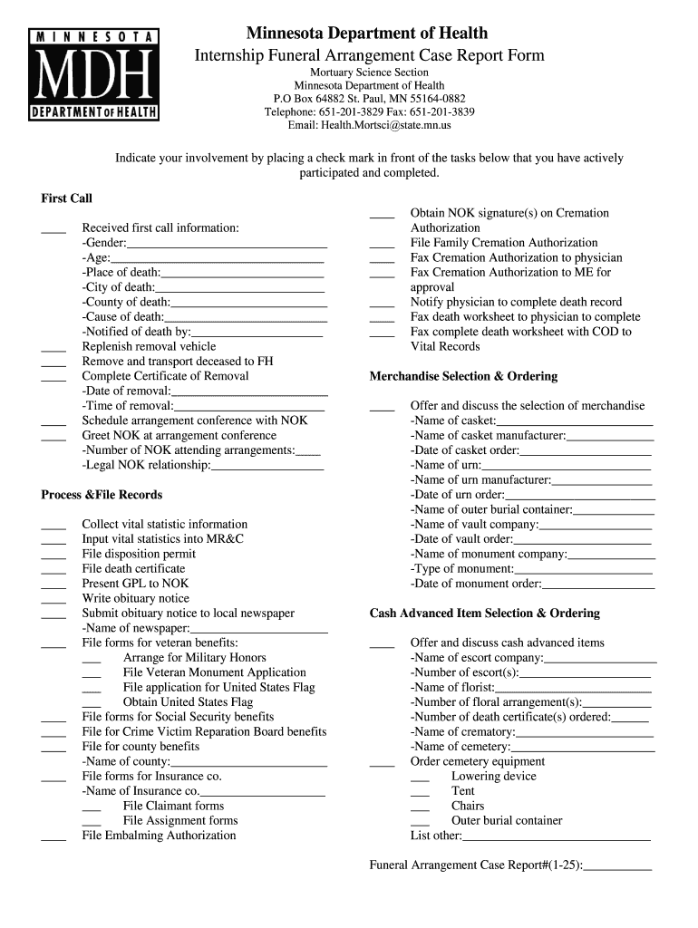 Fillable Online health state mn Internship Funeral Arrangement Case Report Form Fax Email Print