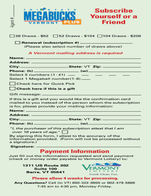 Vermont Lottery Subscription Form