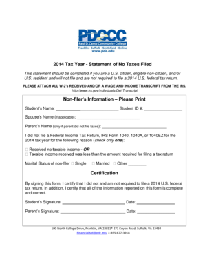 2014 Statement of No Taxes Filed