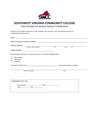 Southwest Virginia Community College 30 Mile Radius Tuition Rate Application