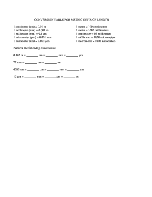 Metric Length Conversion Table