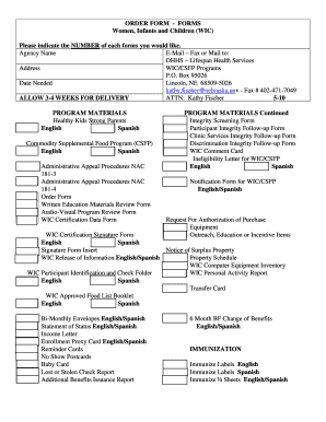 WIC Program Forms Order Form