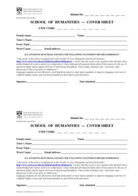 University of Western Australia Humanities Essay Cover Sheet