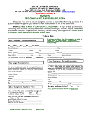 West Virginia Housing Pre-Complaint Background Form