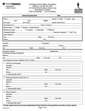 John Wayne Cancer Institute Medical Questionnaire