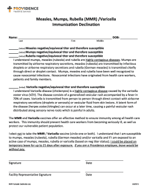 MMR Varicella Immunization Declination Form