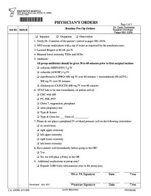Physician's Pre Op Orders