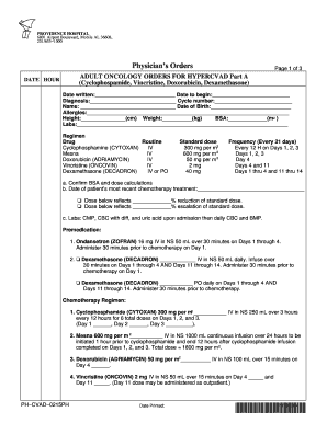 Adult Oncology Orders for HYPERCVAD Part A