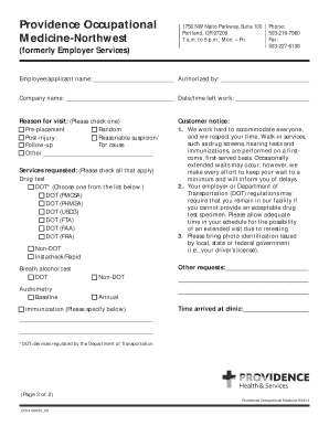 Providence Occupational Medicine Employee Visit Form