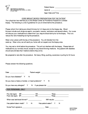 Core Breast Biopsy Preparation Form
