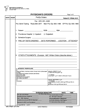 Physician's Pre-Op Orders Form