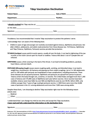Tdap Vaccination Declination Form