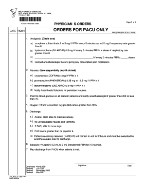 Physician Orders for PACU