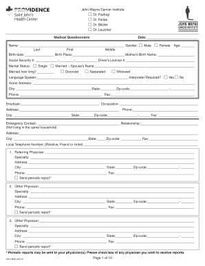 John Wayne Cancer Institute Medical Questionnaire