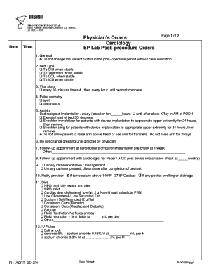 Physician's Orders for Cardiology Post-Procedure